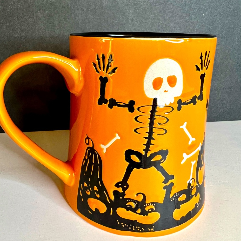Halloween Ceramic Happy Boo Black White Skeleton Orange Mug Pumpkins Bones